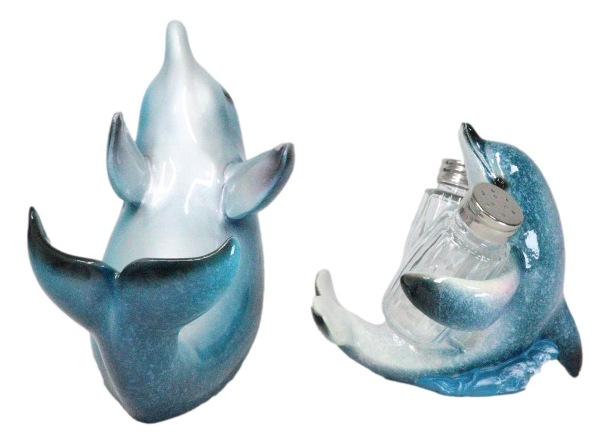 Set Of 2 Ocean Marine Dolphin Fish Wine Bottle And Salt Pepper Shakers Holders - Ebros Gift