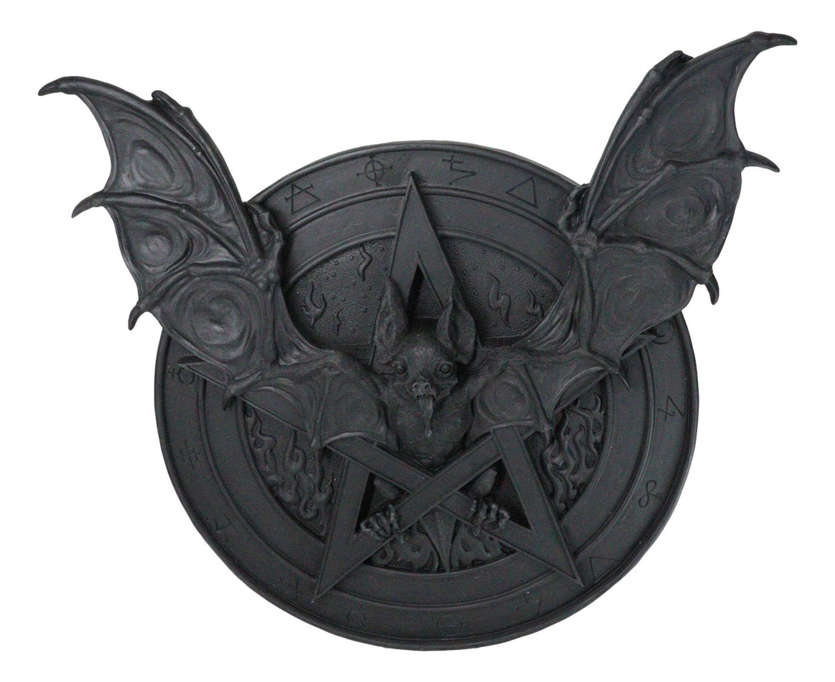 Gothic Nosferatu Black Bat Pentagram With Hell Fire Alchemy Symbols Wall Plaque