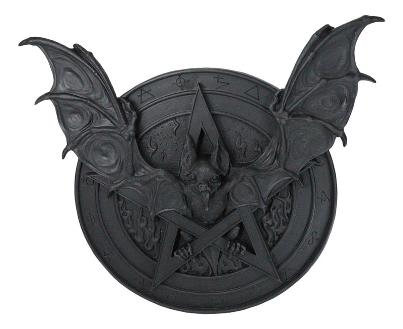 Gothic Nosferatu Black Bat Pentagram With Hell Fire Alchemy Symbols Wall Plaque