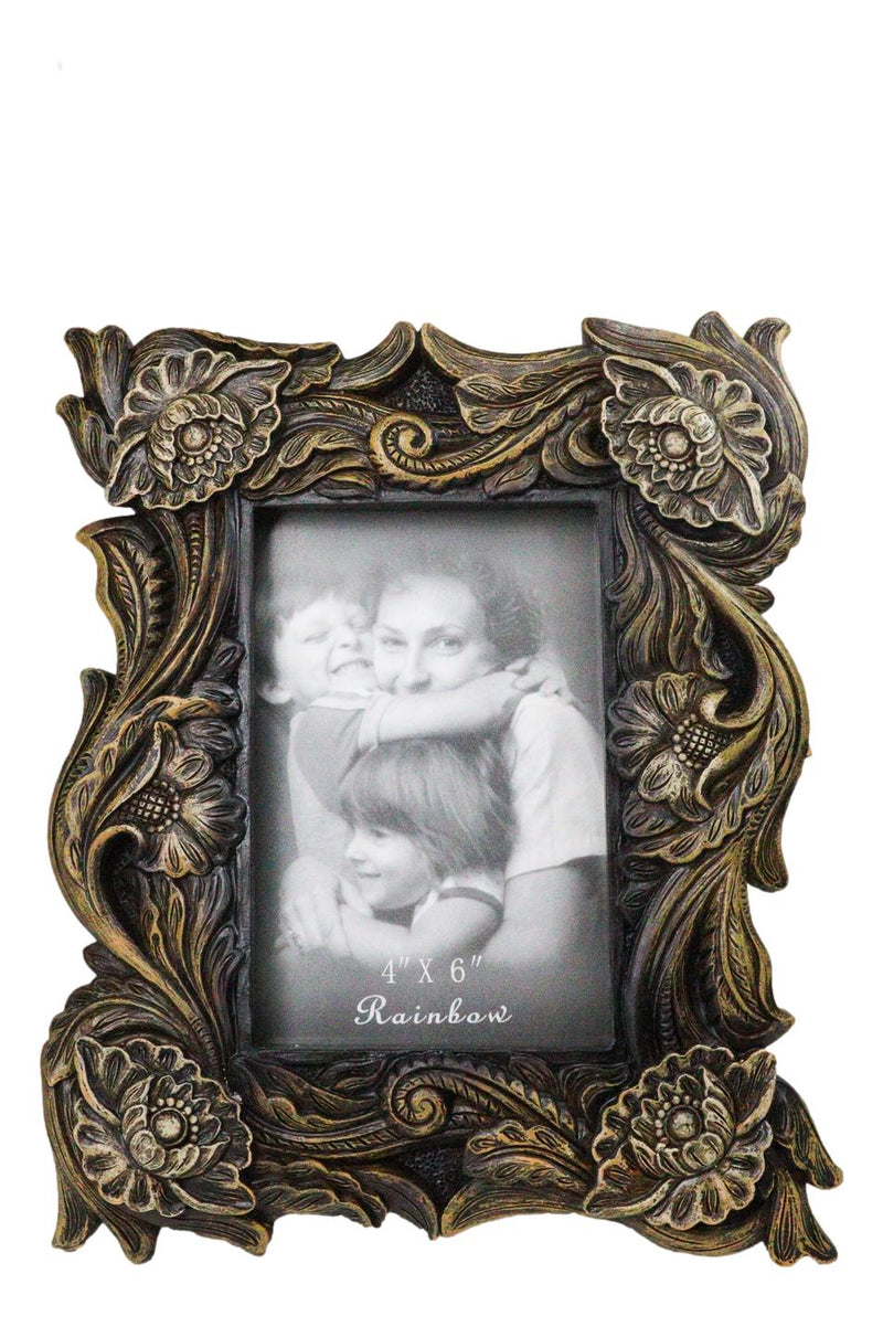 Rustic Western Carved Floral Scrollwork Faux Wooden Picture Photo Frame 4"X6"