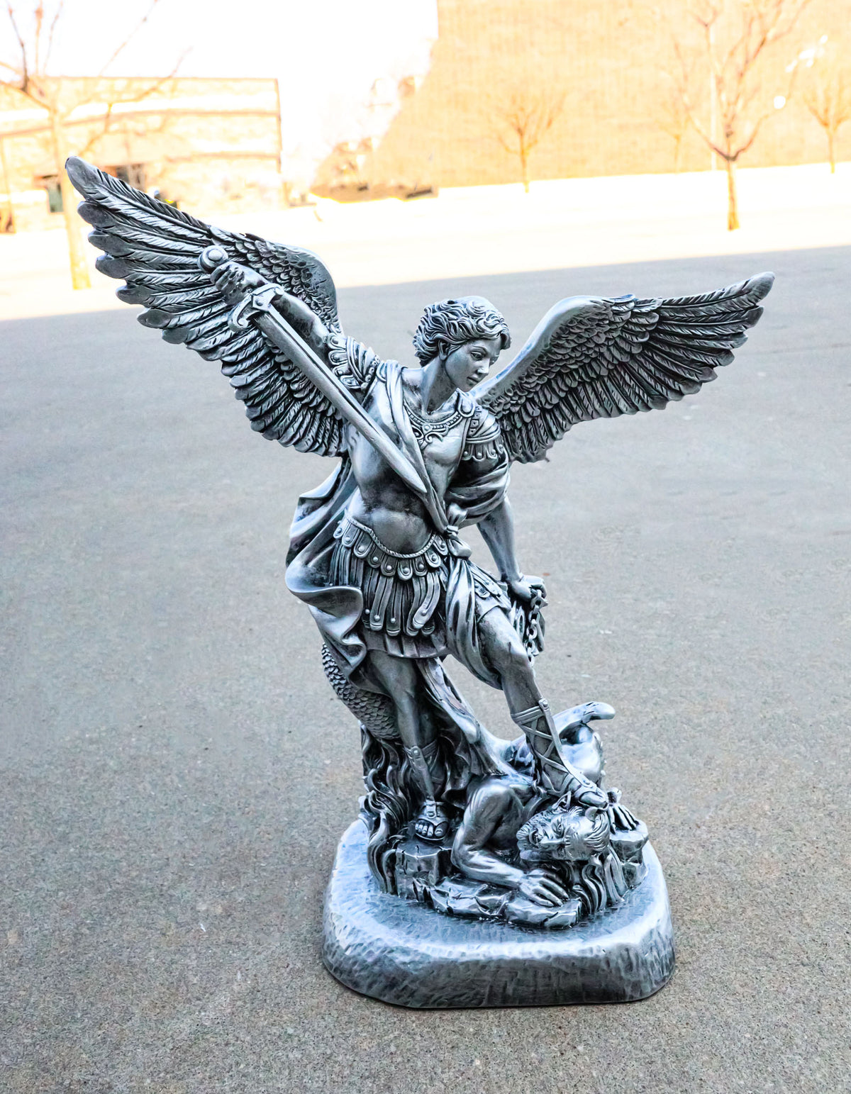 Italian Silver Archangel Saint Michael Trampling Satan With Sword Statue 16"H - Ebros Gift