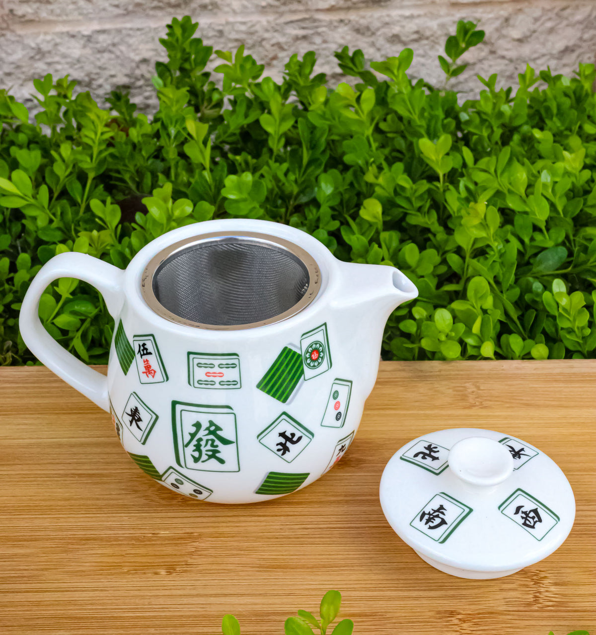Green And White Iconic Chinese Mahjong Tiles Ceramic Tea Pot 15oz With Strainer