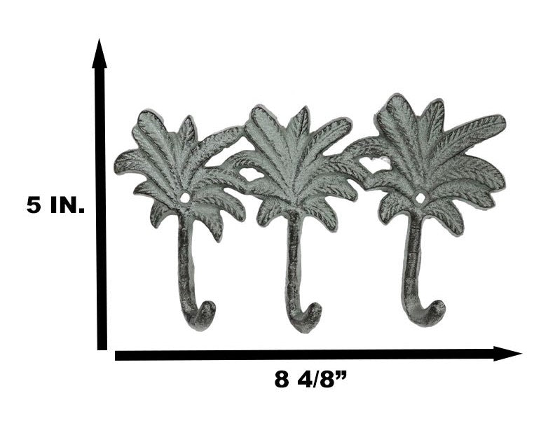 Pack Of 2 Cast Iron Verdigris Beach Coconut Palm Trees Triple Wall Key Hooks