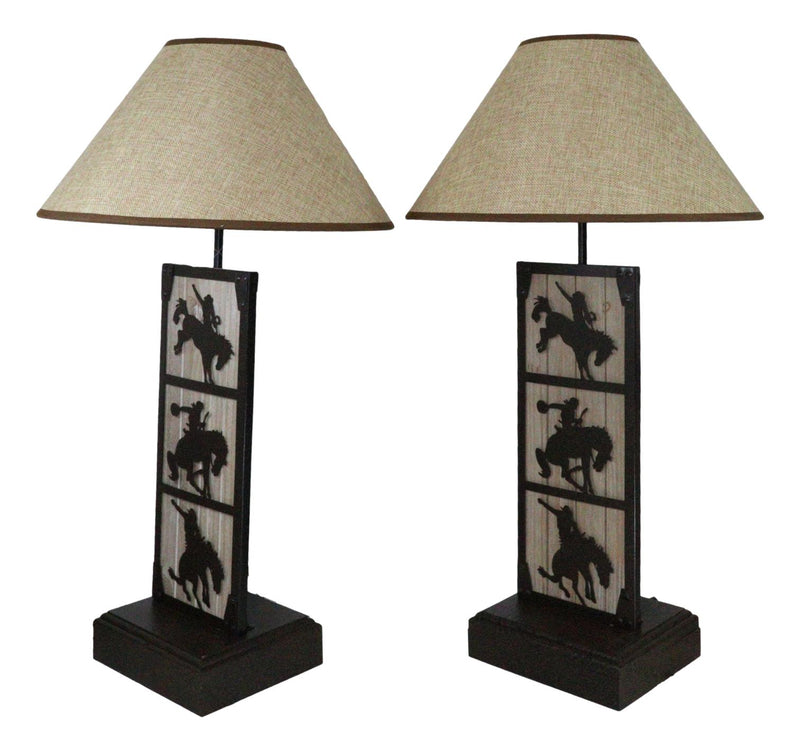 Set of 2 Rustic Western Cowboy On Giddy Up Horse Wood Metal Bedside Table Lamps