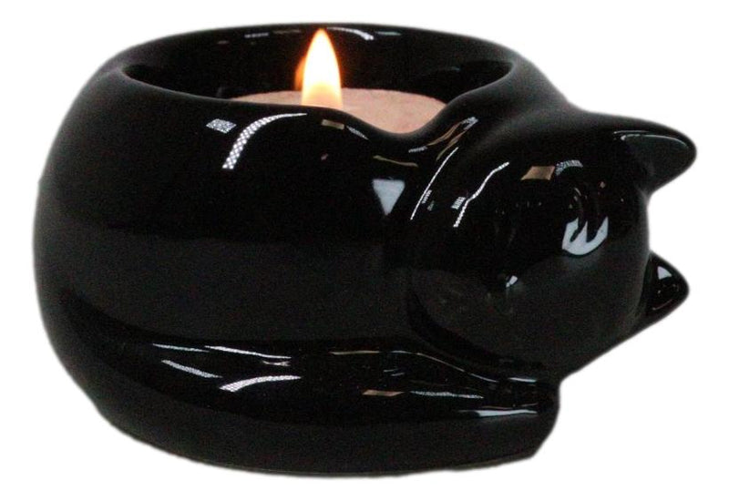 Wicca Mystic Ceramic Sleeping Black Feline Cat Tea Light Votive Candleholder