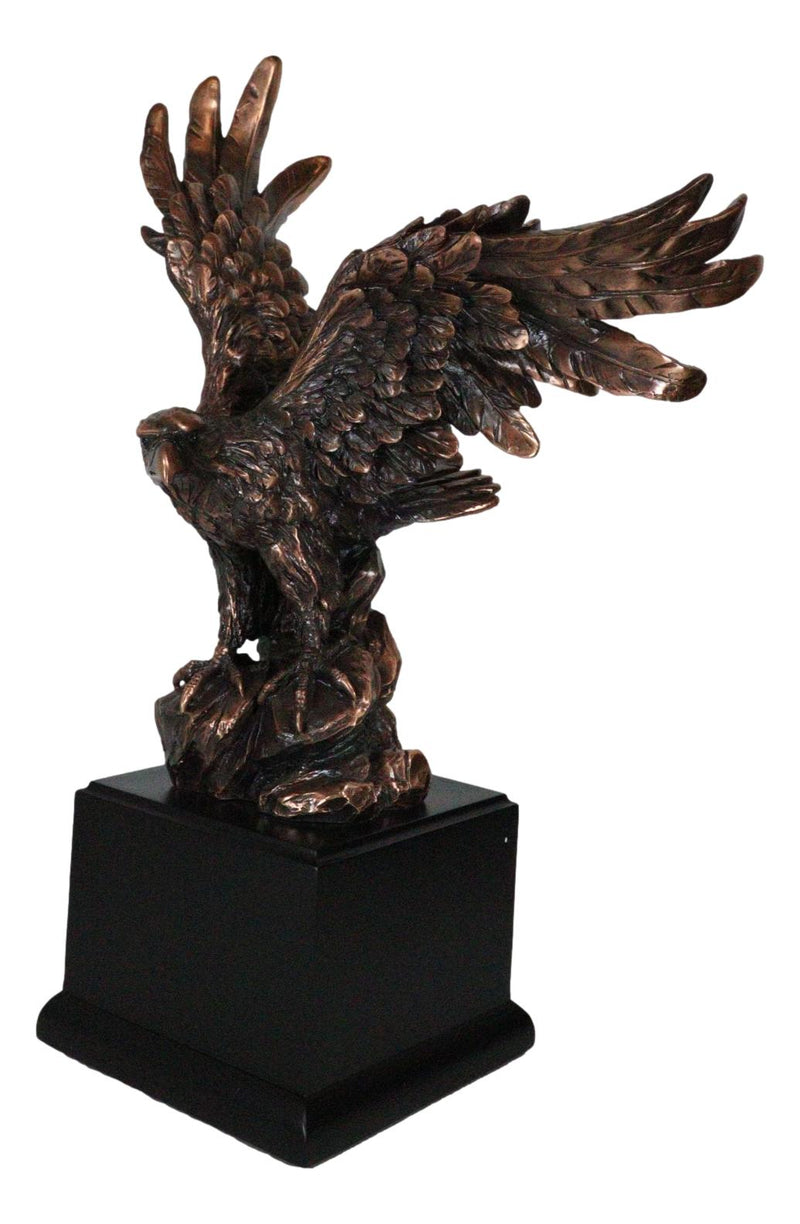 Open Winged American Bald Eagle Landing On Rock Steppes Figurine With Base