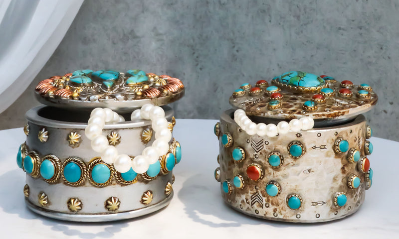 Set Of 2 Southwest Rustic Turquoise Red Rocks And Stones Vintage Trinket Boxes