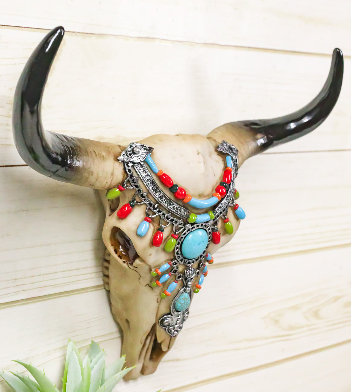 Southwestern Buffalo Cow Skull With Turquoise Silver Face Jewelry Wall Decor
