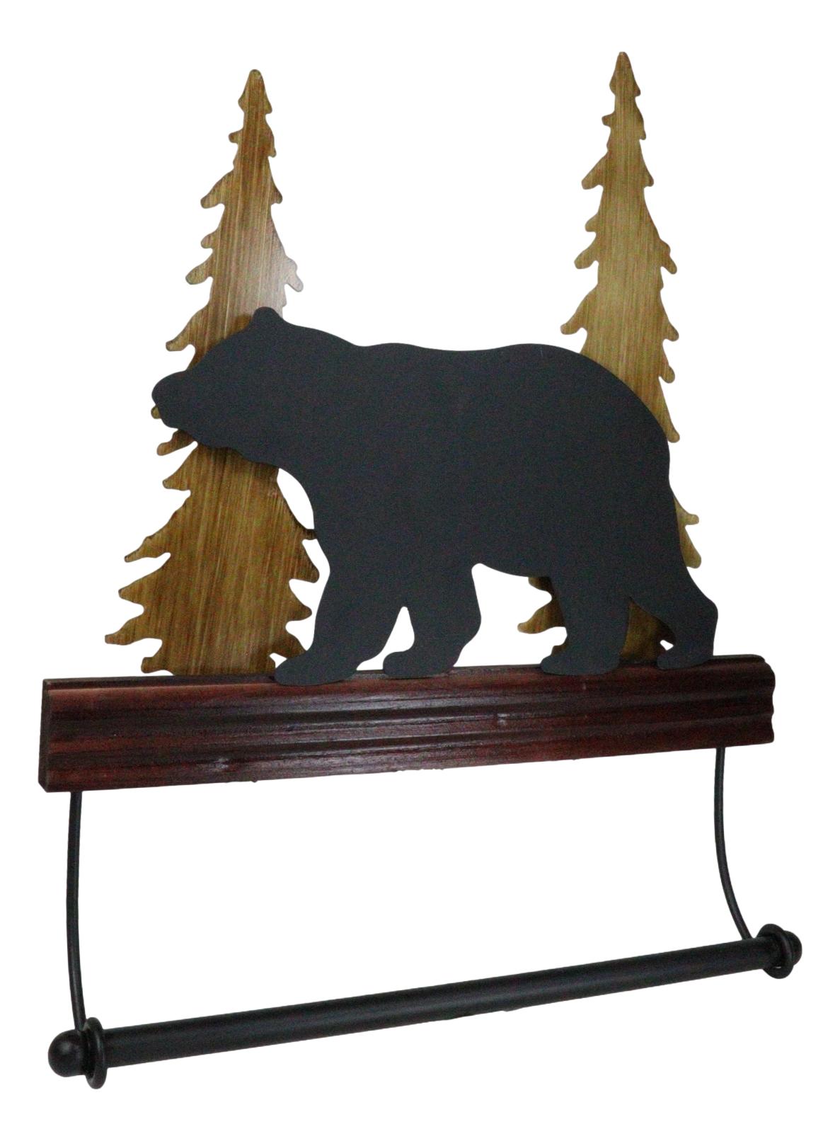 Rustic Western Black Bear by Pine Tree Forest Wooden Wall Hand Towel Holder Bar