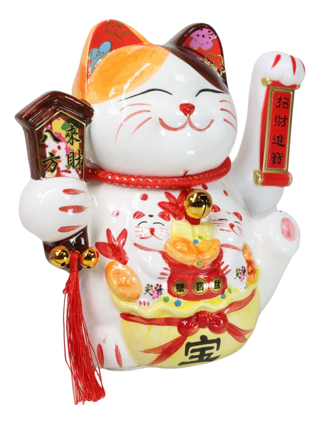 Japanese Lucky Charm White Beckoning Cat Maneki Neko With Waving Arm Figurine 9" - Ebros Gift