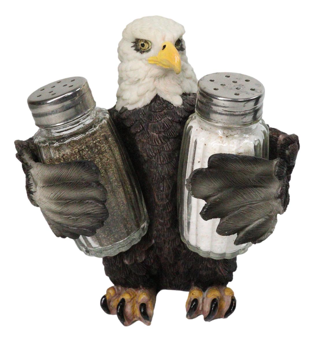 American Patriotic Bald Eagle Salt and Pepper Shaker Holder With Glass Shakers
