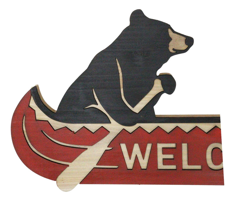 Rustic Father Bear With Cub Rowing Red Canoe Boat Welcome MDF Wall Decor Plaque