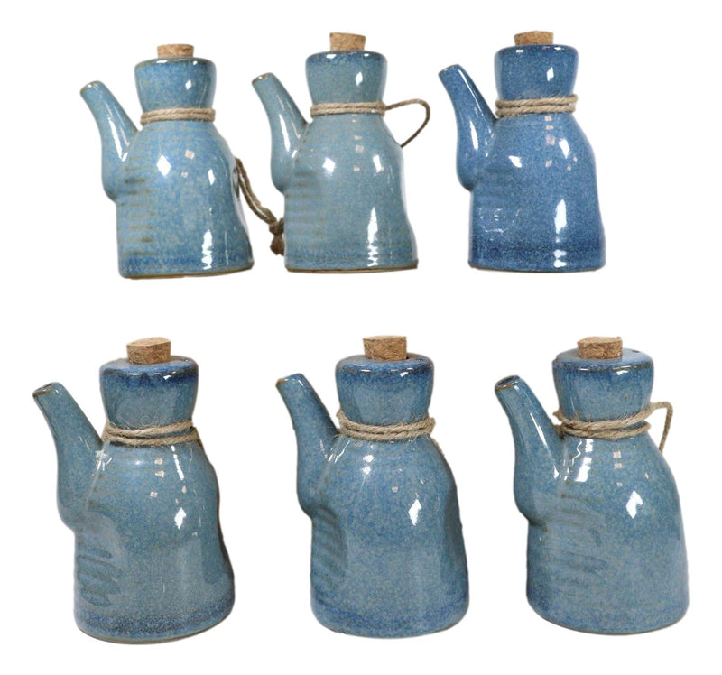 Pack of 6 Porcelain Cool Blue Soy Sauce Vinegar Condiment Dispenser Flask 7oz