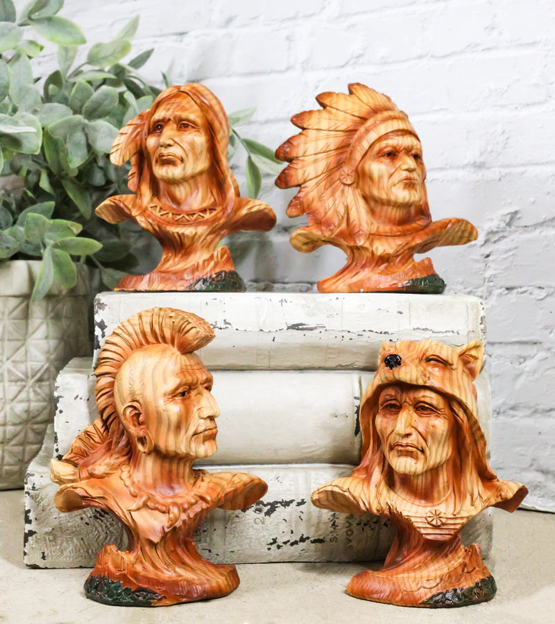 Set of 4 Native American Sioux Indian Tribal Warrior Chief Faux Wood Figurines