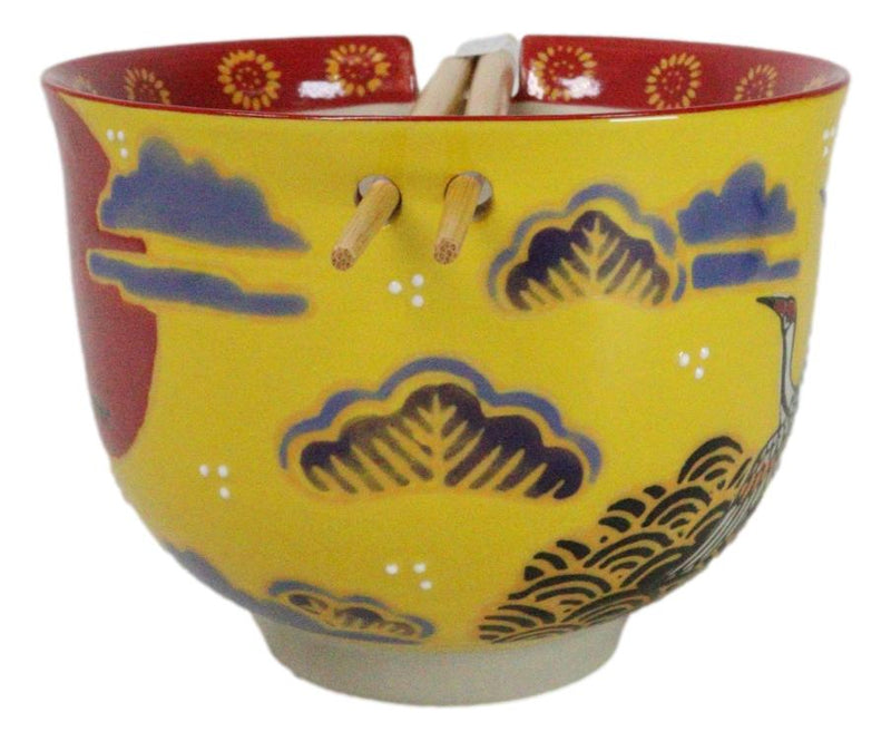 Japanese Cranes With Red Moon Yellow Donburi Ramen Soup Bowl With Chopsticks Set