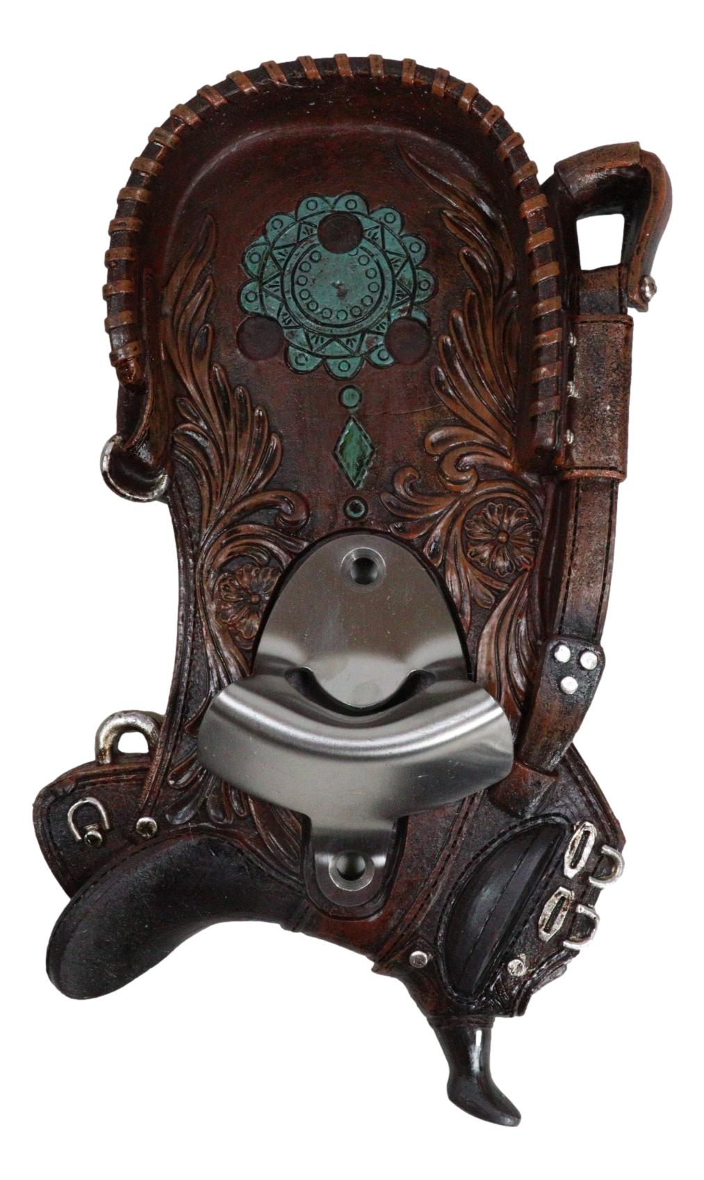Rustic Western Cowboy Horse Saddle Tooled Floral Faux Leather Wall Bottle Opener