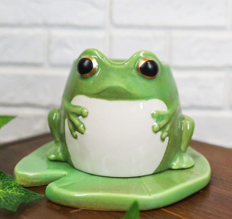 Whimsical Green Toad Frog On Lily Pad Ceramic Essential Oil Warmer Candle Holder