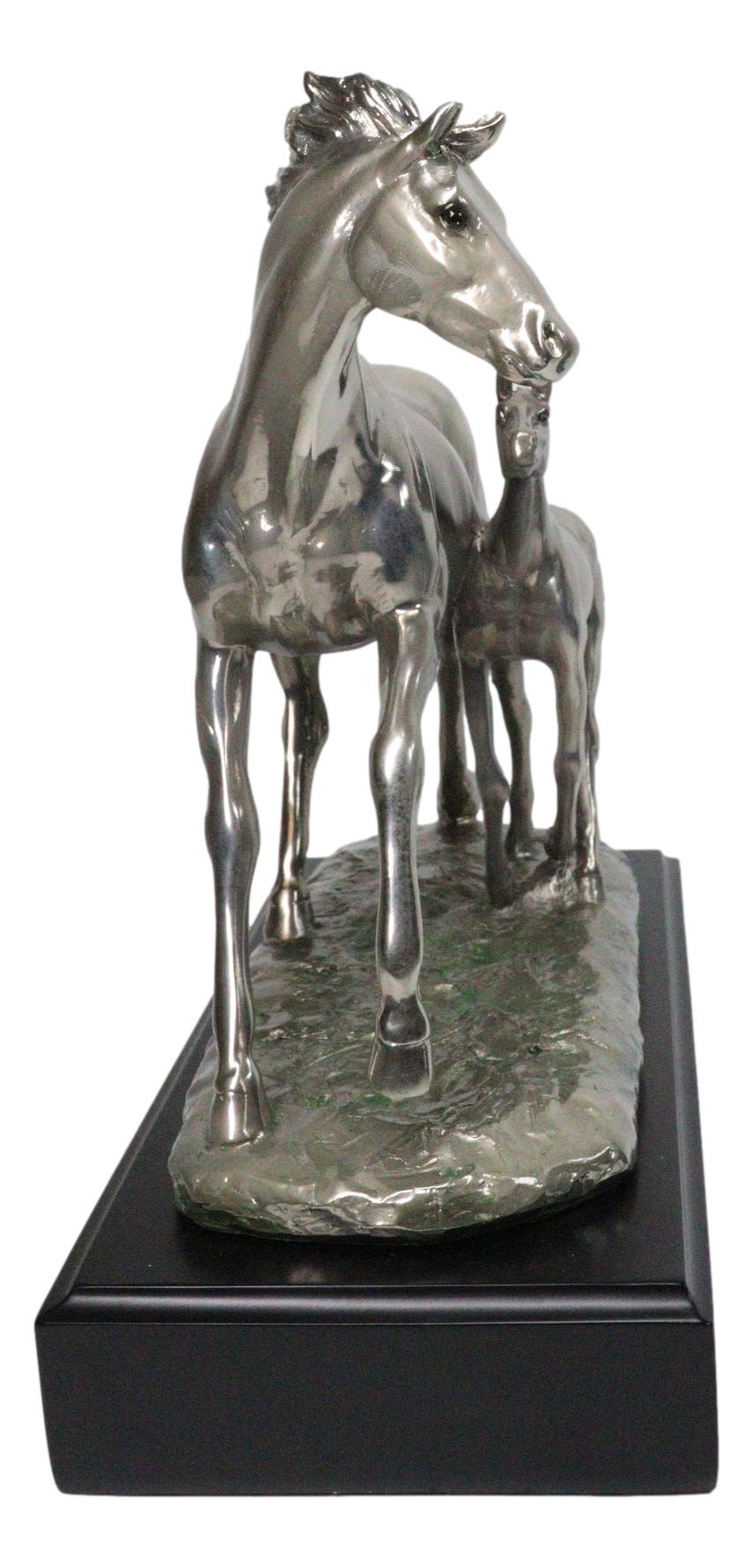 Western Horse and Foal Chrome Electroplated Resin Figurine With Museum Base
