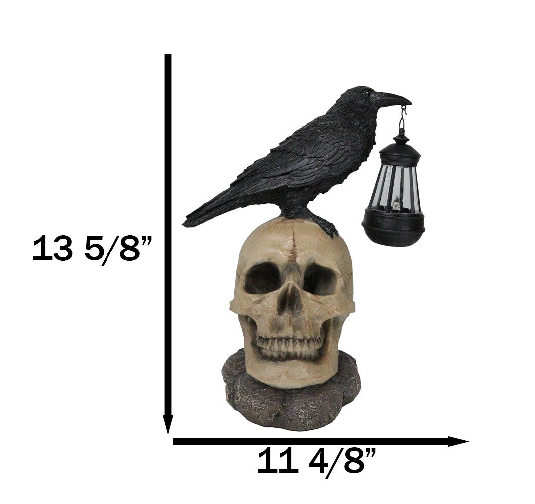 Ebros Edgar Corvus Raven Perching On Rose Skull Statue With Solar LED Lantern Light - Ebros Gift