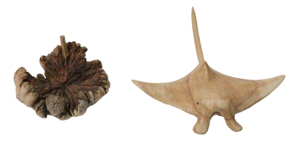 Marine Balinese Hand Carved Coral Reef Manta Ray On Burl Parasite Wood Base 8"L