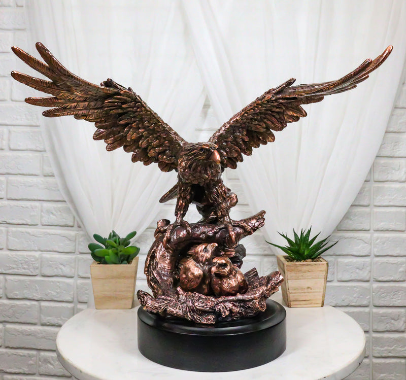 Majestic Bald Eagle Mother Spreading Her Wings Over Her Chick Bronzed Figurine