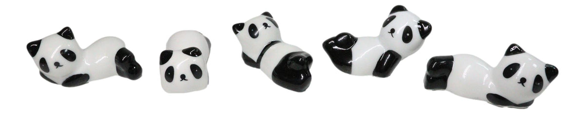 5 Pairs Of Playful Oriental Panda Bears Ceramic Rests With Wooden Chopsticks Set