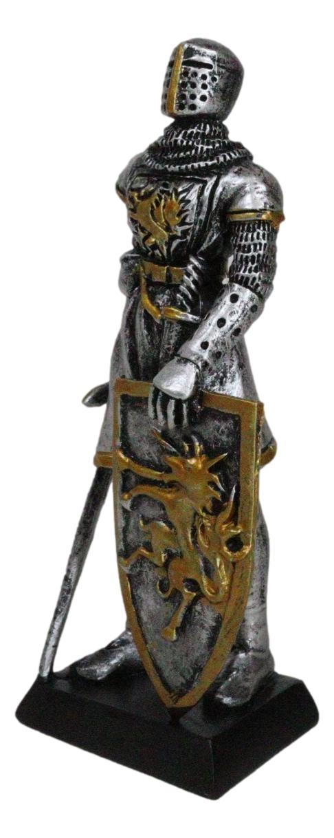 Medieval Knight In Suit Of Armor With Sword And Heraldry Shield Mini Figurine - Ebros Gift