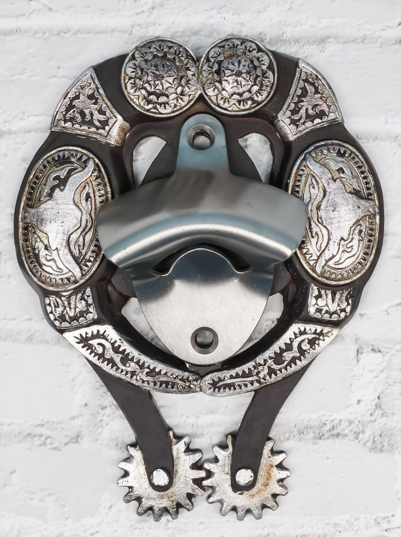 Rustic Western Cowboy Boot Spur With Silver Longhorn Conchos Wall Bottle Opener