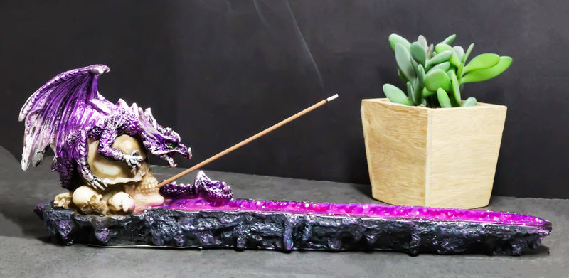 Purple Dragon Perching On Skull Graveyard Faux Crystals Geode Incense Burner