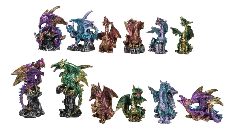 Set Of 12 Colorful Metallic Behemoth Dragons In Multiple Poses Mini Figurines