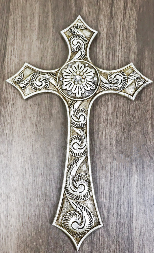 Rustic Western Silver Concho With Ornate Shell Pattern Wall Cross Decor Plaque - Ebros Gift