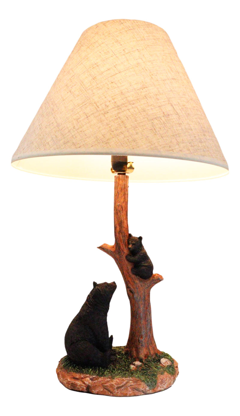 Rustic Black Mother Bear Watching Over Cub Climbing On Tree Trunk Table Lamp