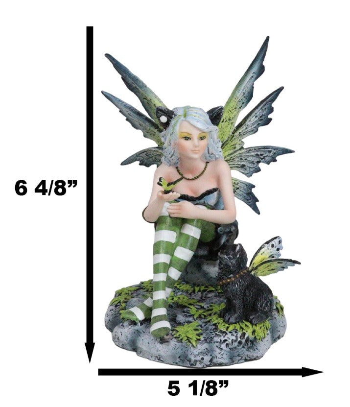 Feline Fairy In Green White Striped Leggings With Black Fae Winged Cat Figurine