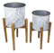 Set Of 2 Transitional White And Gray Pressed Tin Planters Pots With Wooden Base