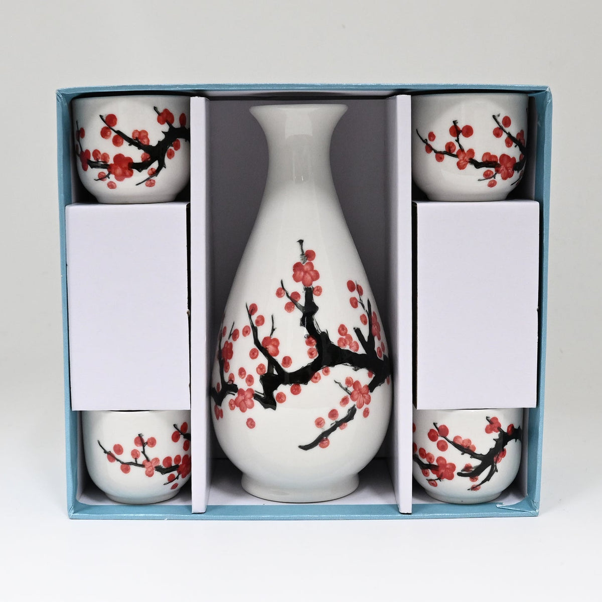 White Pink Sakura Cherry Blossom Porcelain Sake Flask And 4 Ochoko Cups Set