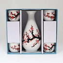 White Pink Sakura Cherry Blossom Porcelain Sake Flask And 4 Ochoko Cups Set