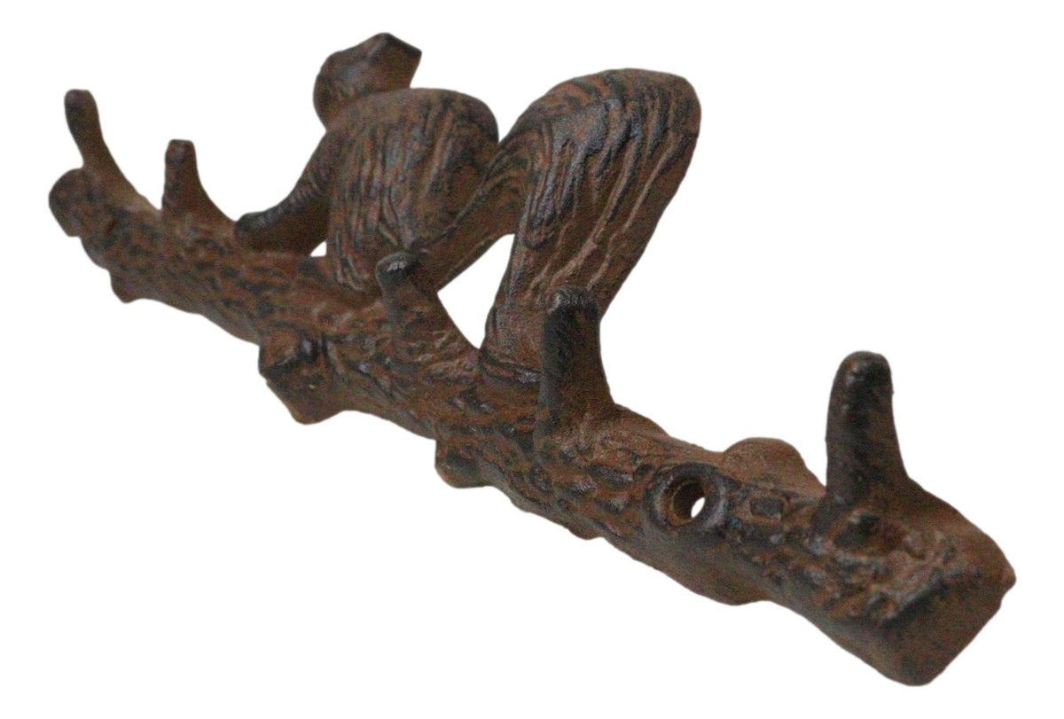 Rustic Cast Iron Playful Squirrel Perching On Tree Branch 4-Peg Wall Hooks Decor - Ebros Gift