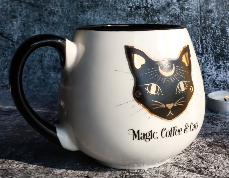 Wicca Magic Coffee Cats Feline Crescent Moon Cat With Gold Tone Ceramic Mug