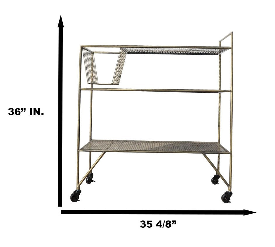 39"H Contemporary Brushed Gold Metal 3 Tier Shelf And Basket Bar Serving Cart