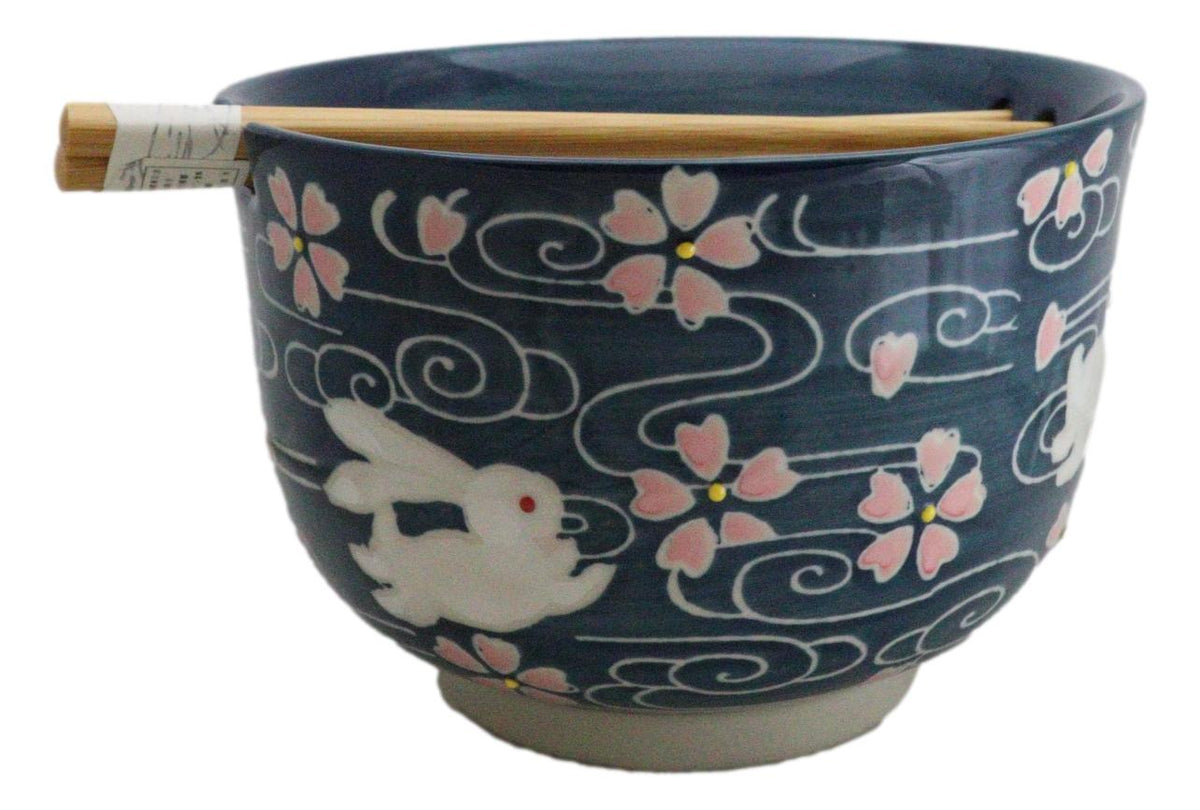 Pink Sakura White Rabbits Large 24Oz Donburi Ramen Bowl With Chopsticks Set