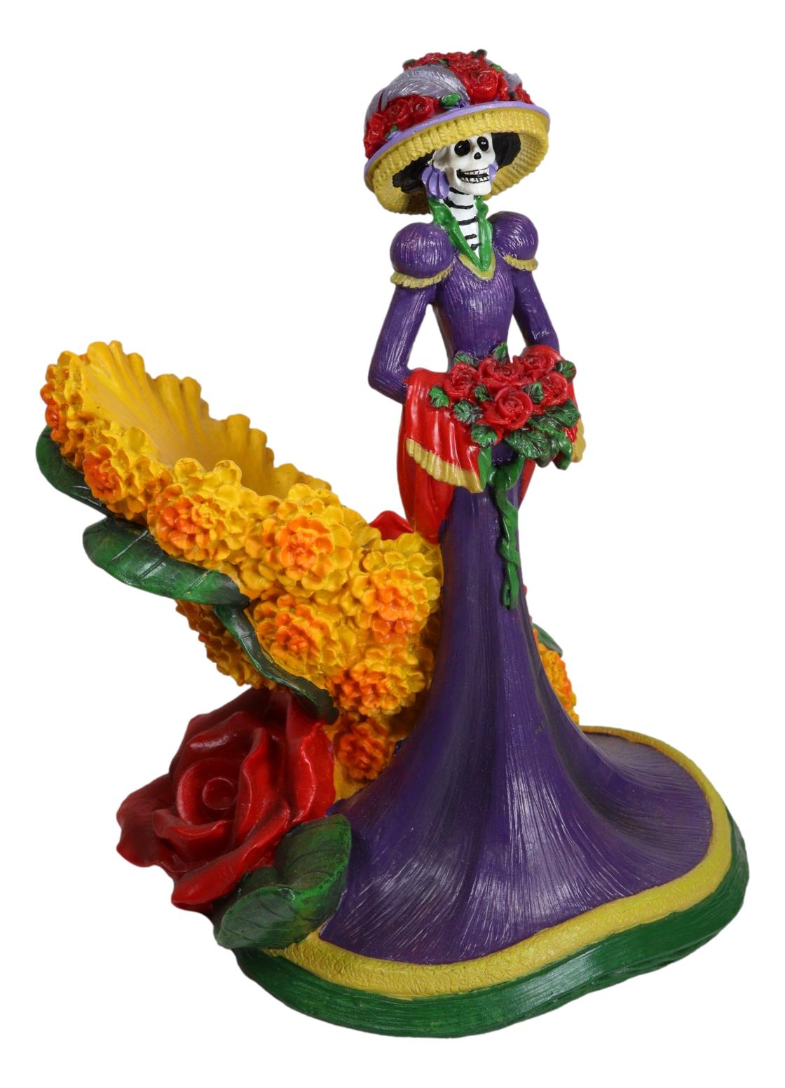 Sugar Skull Day of The Dead Lady Catrina Roses And Florals Wine Holder Figurine