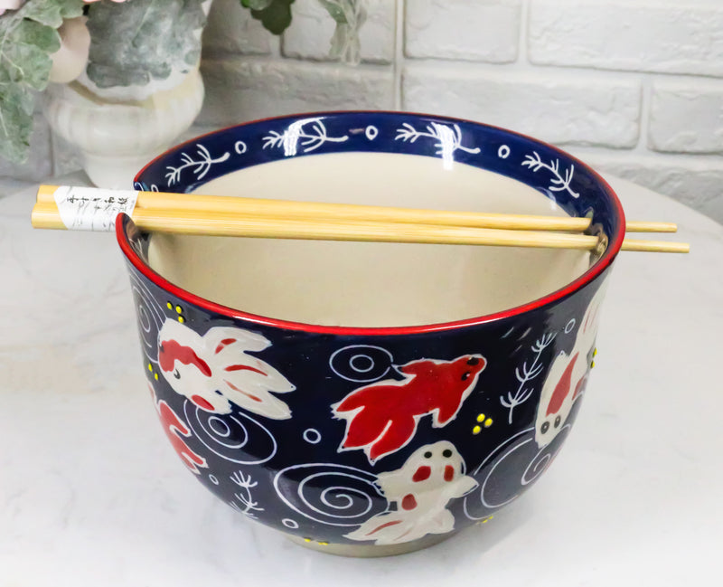 Red White Japanese Goldfishes Large 24Oz Donburi Ramen Bowl With Chopsticks Set