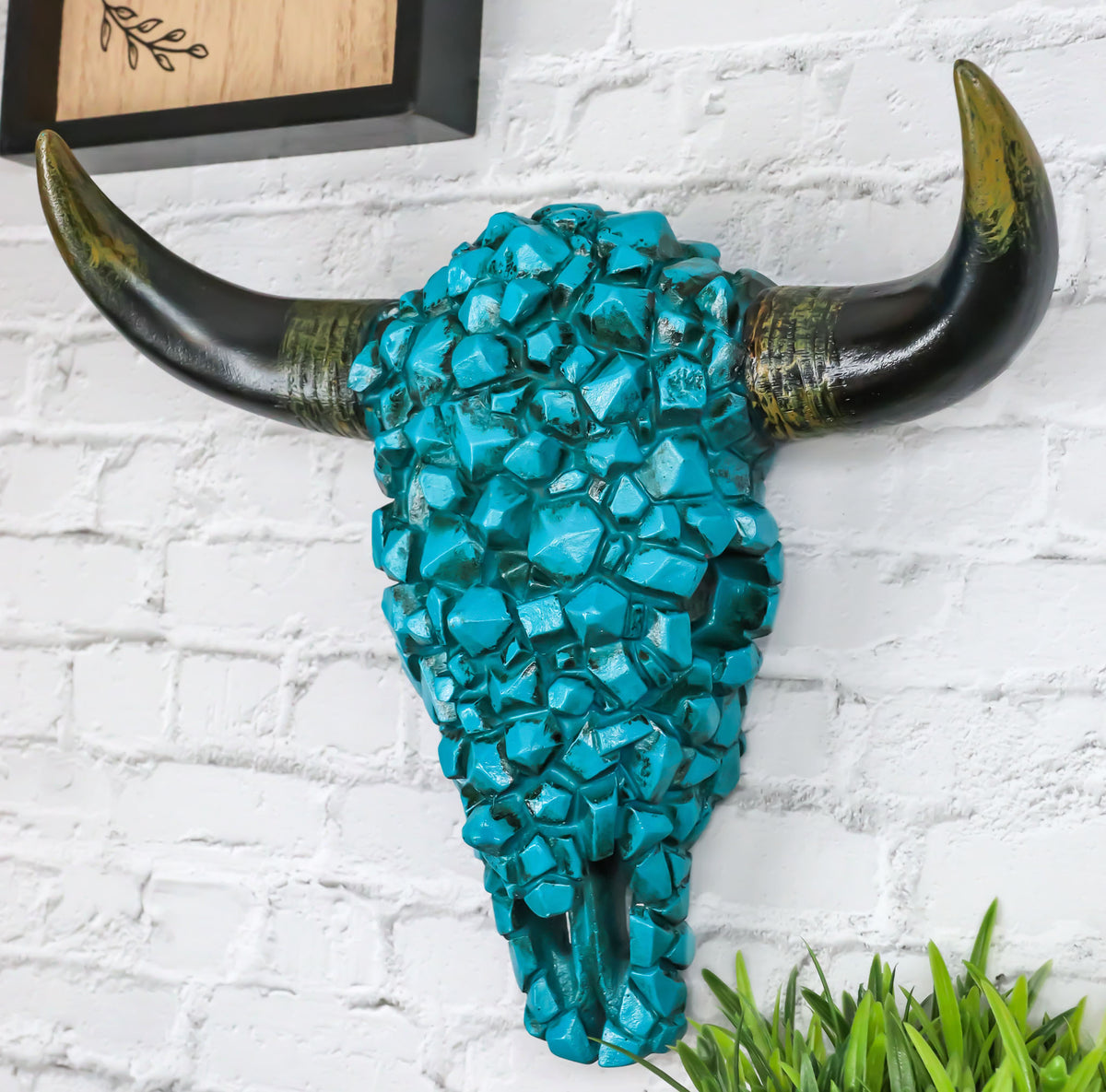 Southwest Steer Bison Bull Cow Skull With Mosaic Turquoise Rocks Wall Decor - Ebros Gift