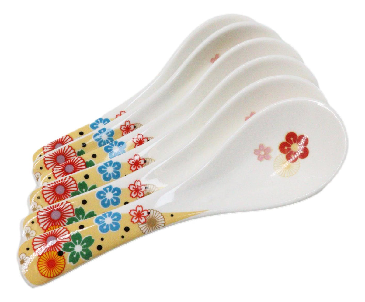 Set of 6 Ume Plum Blossoms Porcelain Asian Soup Spoons Japanese Ramen Pho