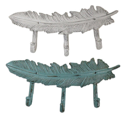 Set of 2 Green White Native Indian Dreamcatcher Feathers 3-Pegs Triple Wall Hook