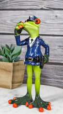Toad In Blue Police Officer Green Frog Holding Radio Reporting For Duty Figurine