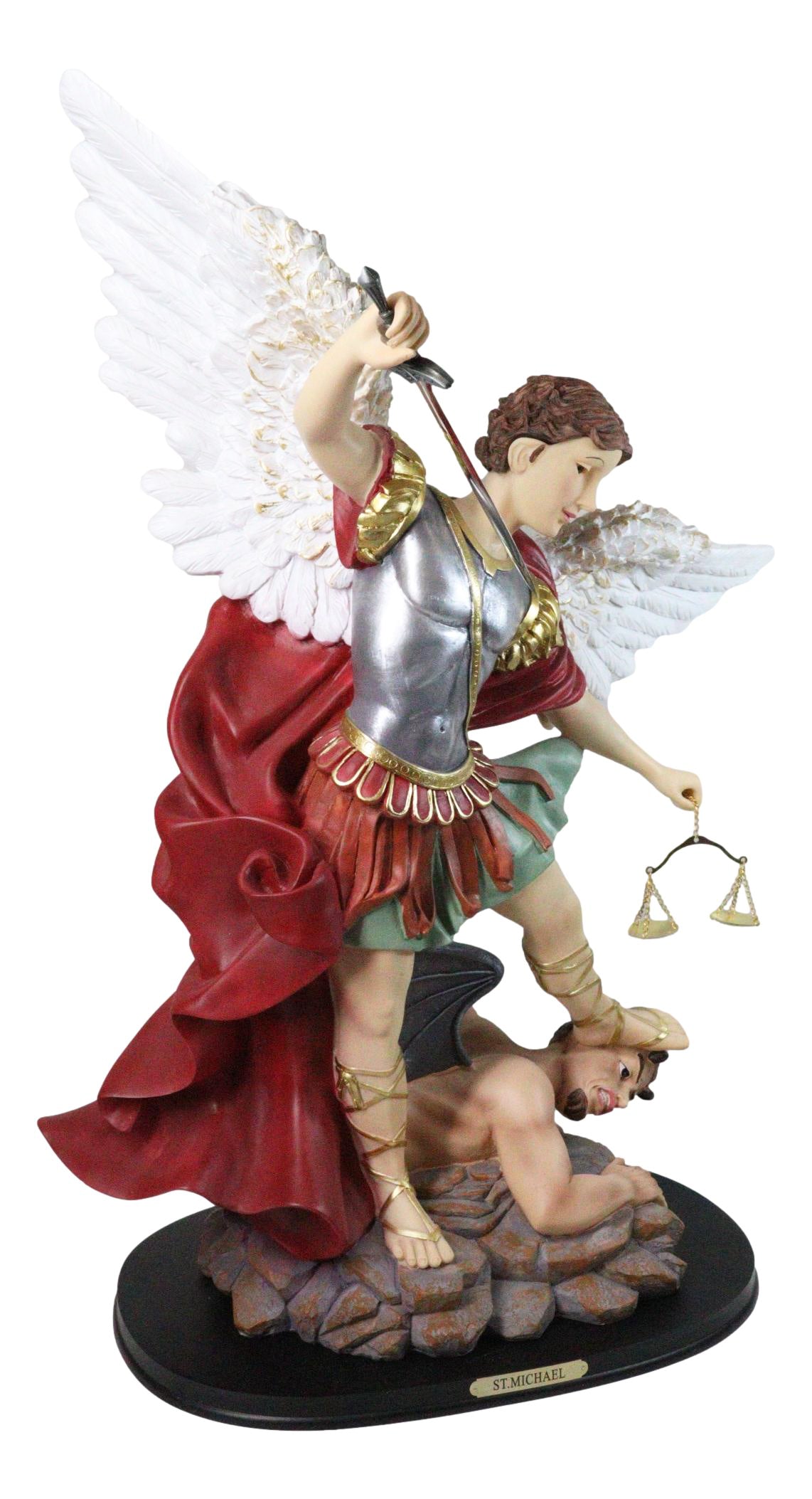 Large Archangel Saint Michael With Judgement Sword Crushing Satan Statue 24"H