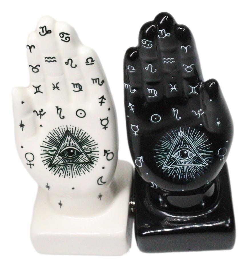 Black And White Fortune Teller Palmistry Hands Ceramic Salt Pepper Shakers Set