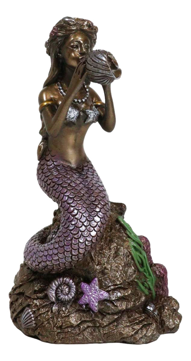 Ocean Marine Mermaid Siren Princess Blowing Sconce Shell On Coral Rock Figurine