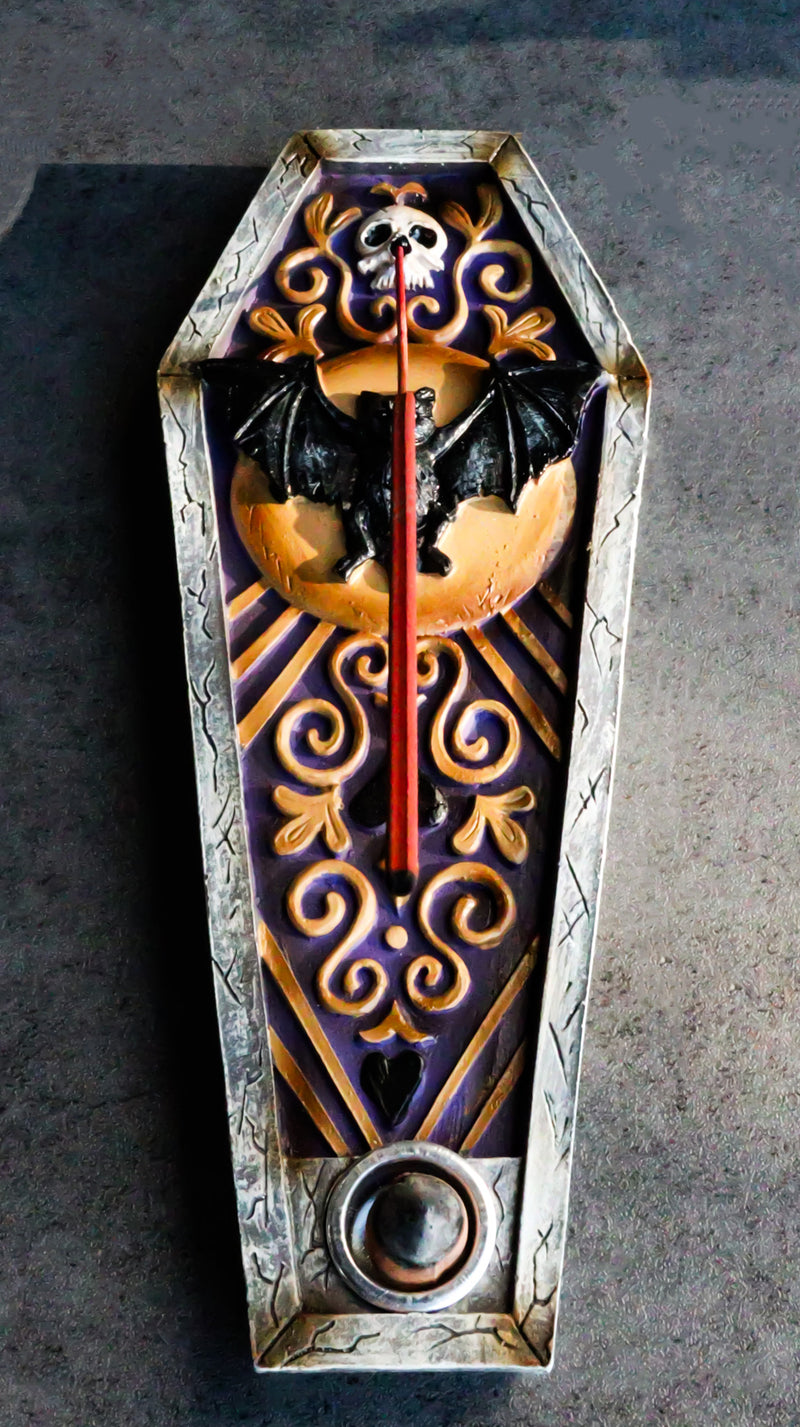 Wicca Mystical Black Bat Skull Full Moon Vampire Coffin Incense Burner Figurine